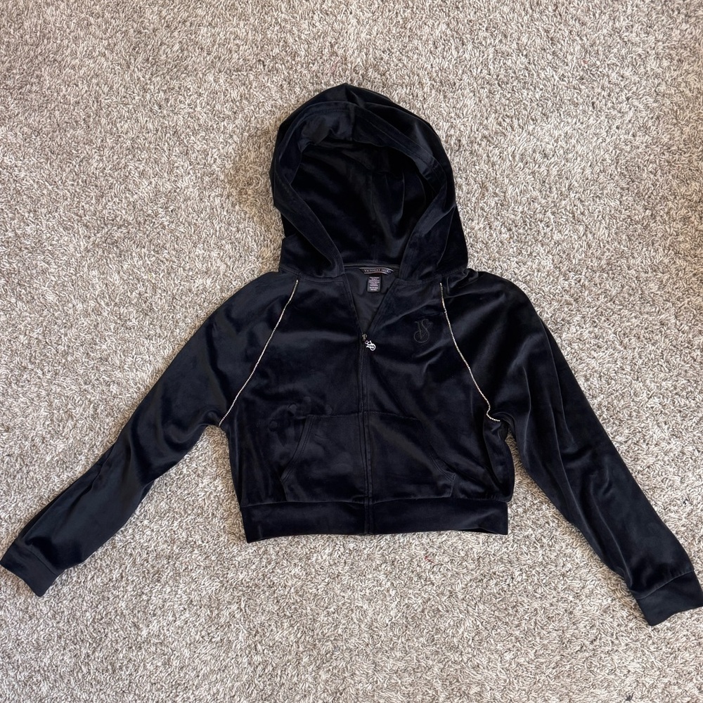 Black Soft Rhinestone Detailed VS Zip-Up Hoodie